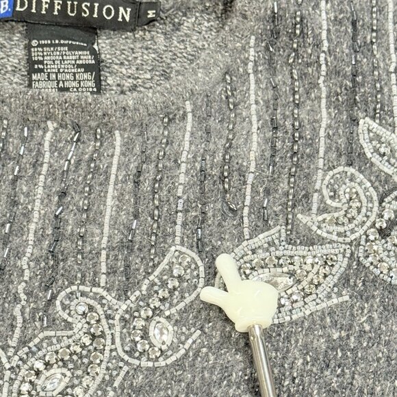 Vintage 80s Silk Angora Blend Gray Sequin Beaded Womens Holiday Sweater Medium - Picture 6 of 9
